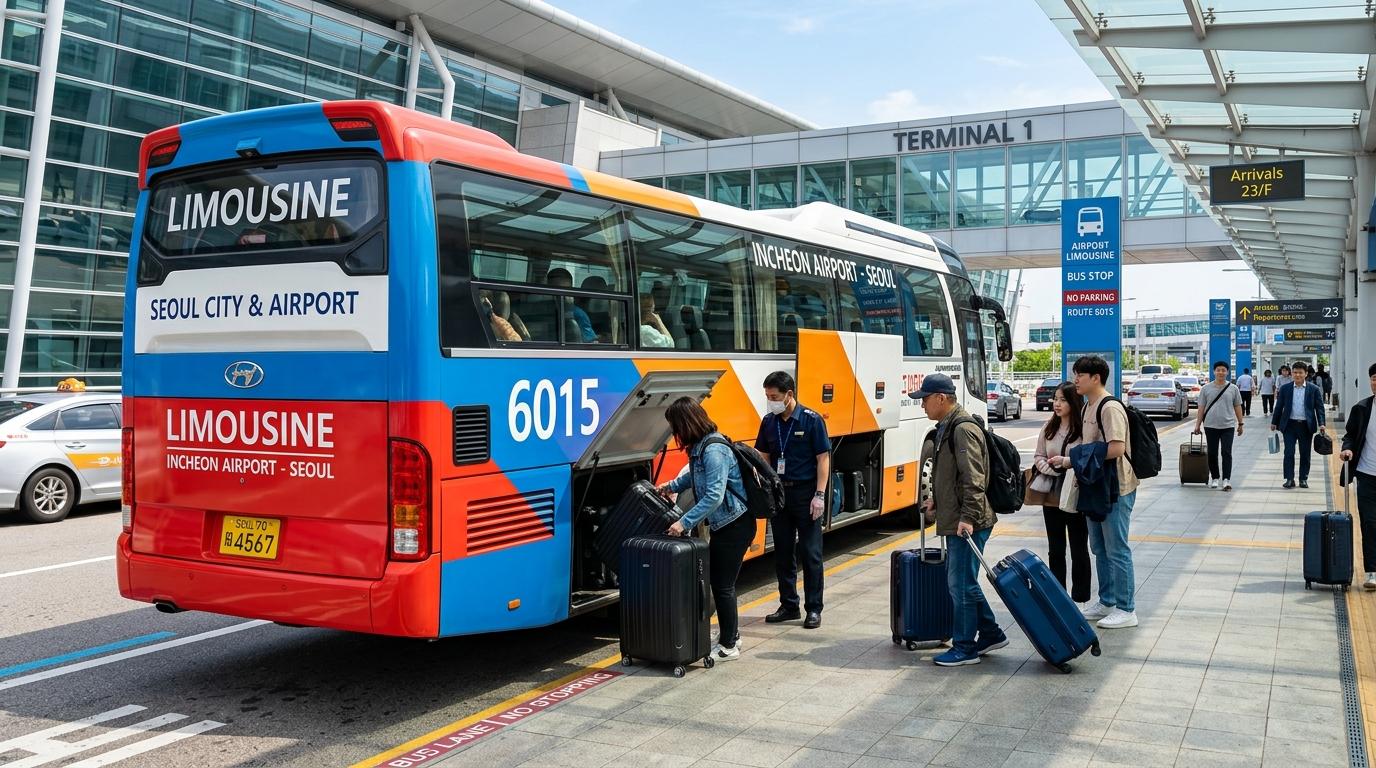 Bright vibrant photorealistic airport limousine bus waiting outside Incheon Airport, travelers loading suitcases, sunny curbside terminal scene, no Korean text