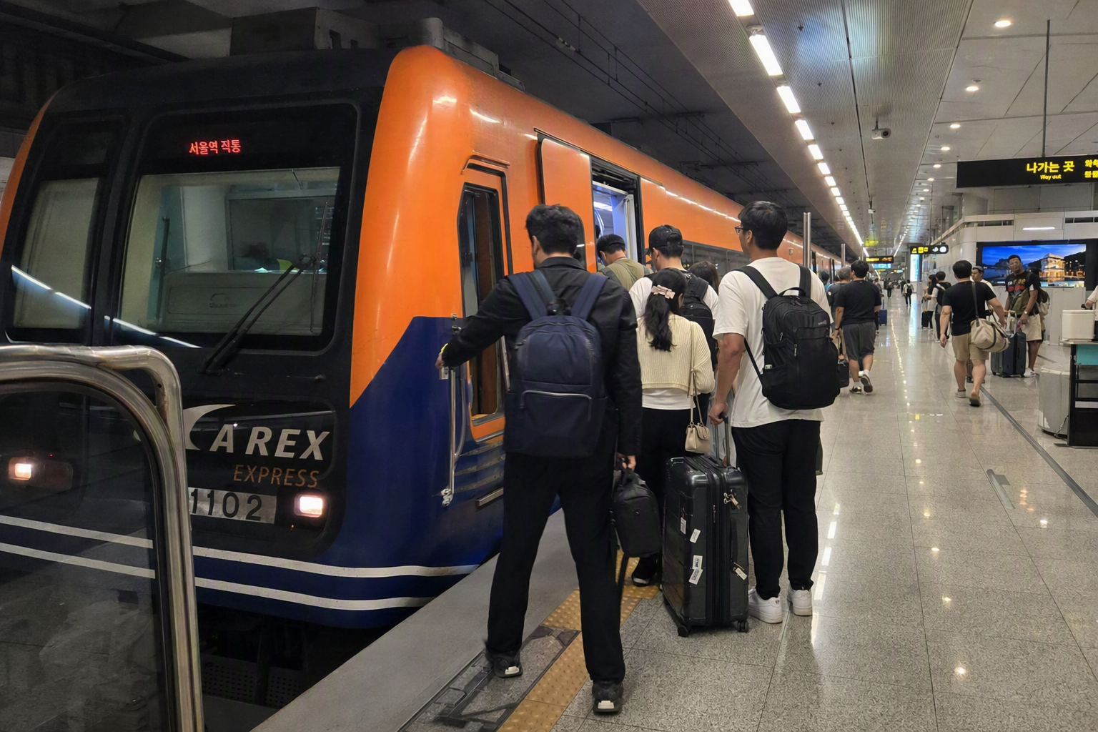 Bright vibrant photorealistic AREX Express train at an airport underground platform, orange accents, travelers with suitcases, clean modern lighting, no Korean