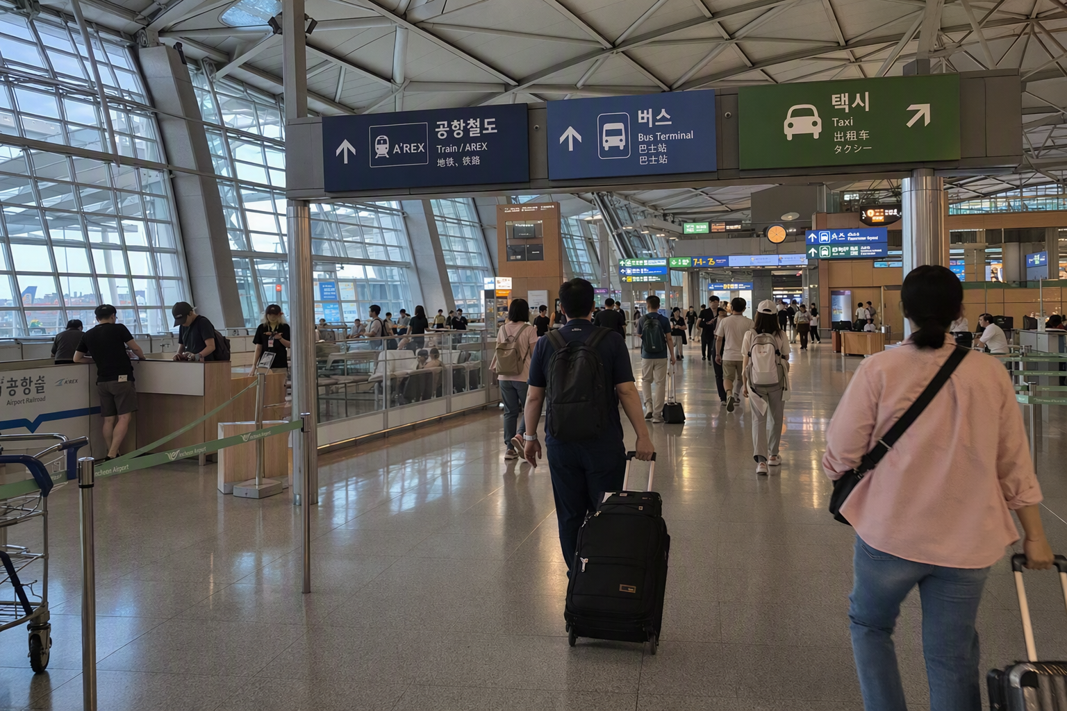 Bright vibrant photorealistic Incheon Airport arrivals hall, international travelers with rolling suitcases, clear transport icons for train bus and taxi, moder