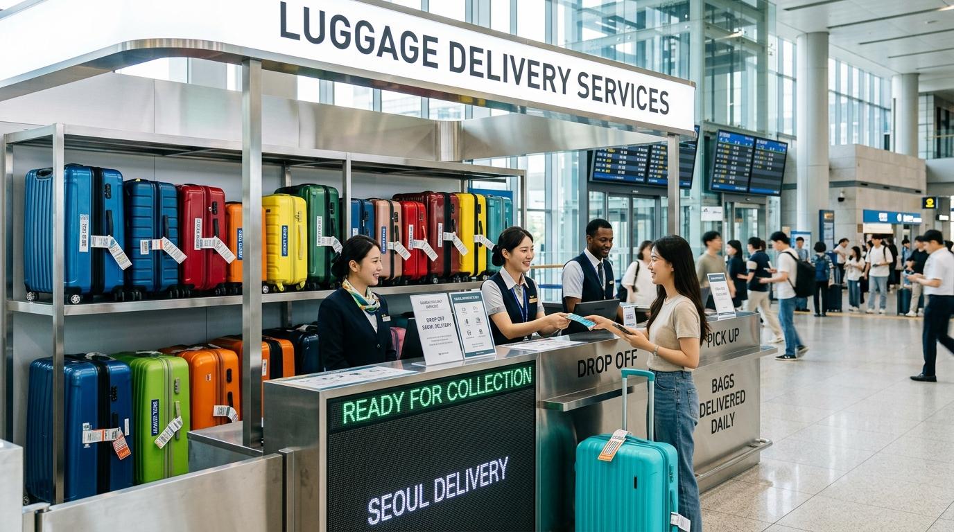Bright vibrant photorealistic luggage delivery counter at a modern Seoul transit station, colorful suitcases neatly lined up, friendly travel atmosphere, no Kor