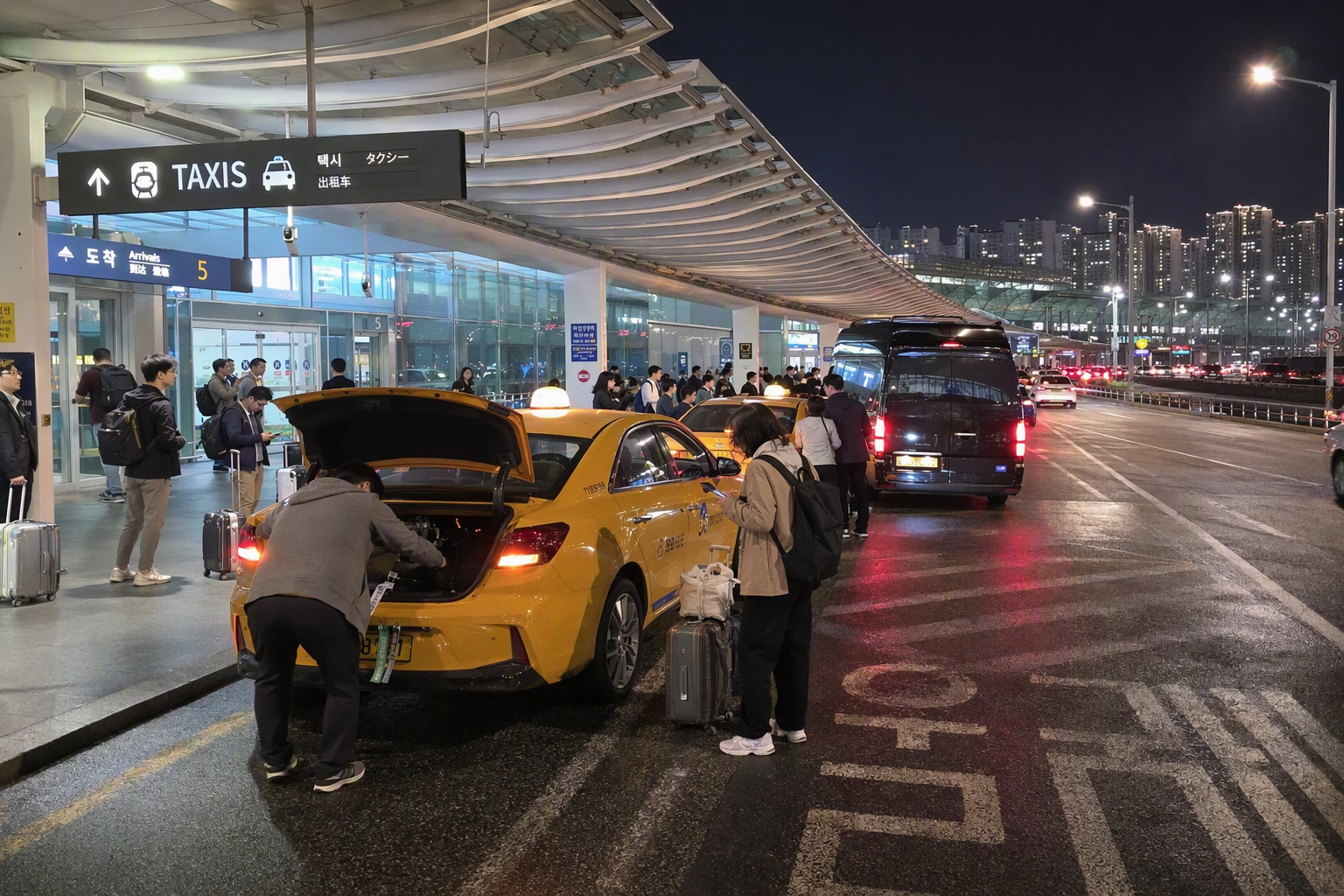 Bright vibrant photorealistic Incheon Airport taxi stand with standard taxis and a private van, travelers loading luggage, night city glow, no Korean text