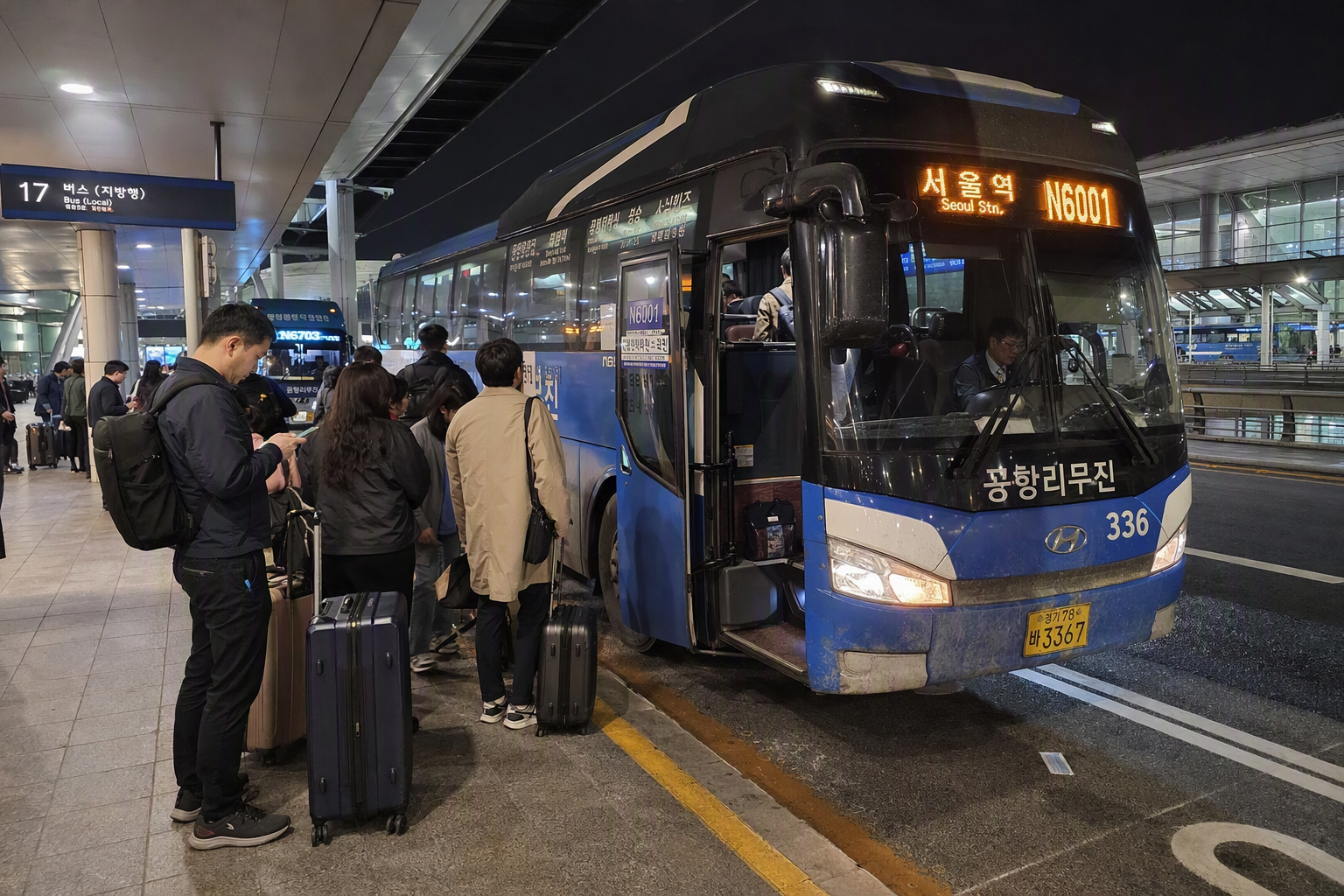 Bright vibrant photorealistic late-night Incheon Airport bus bay, illuminated coach bus, travelers with suitcases under soft terminal lights, no Korean text