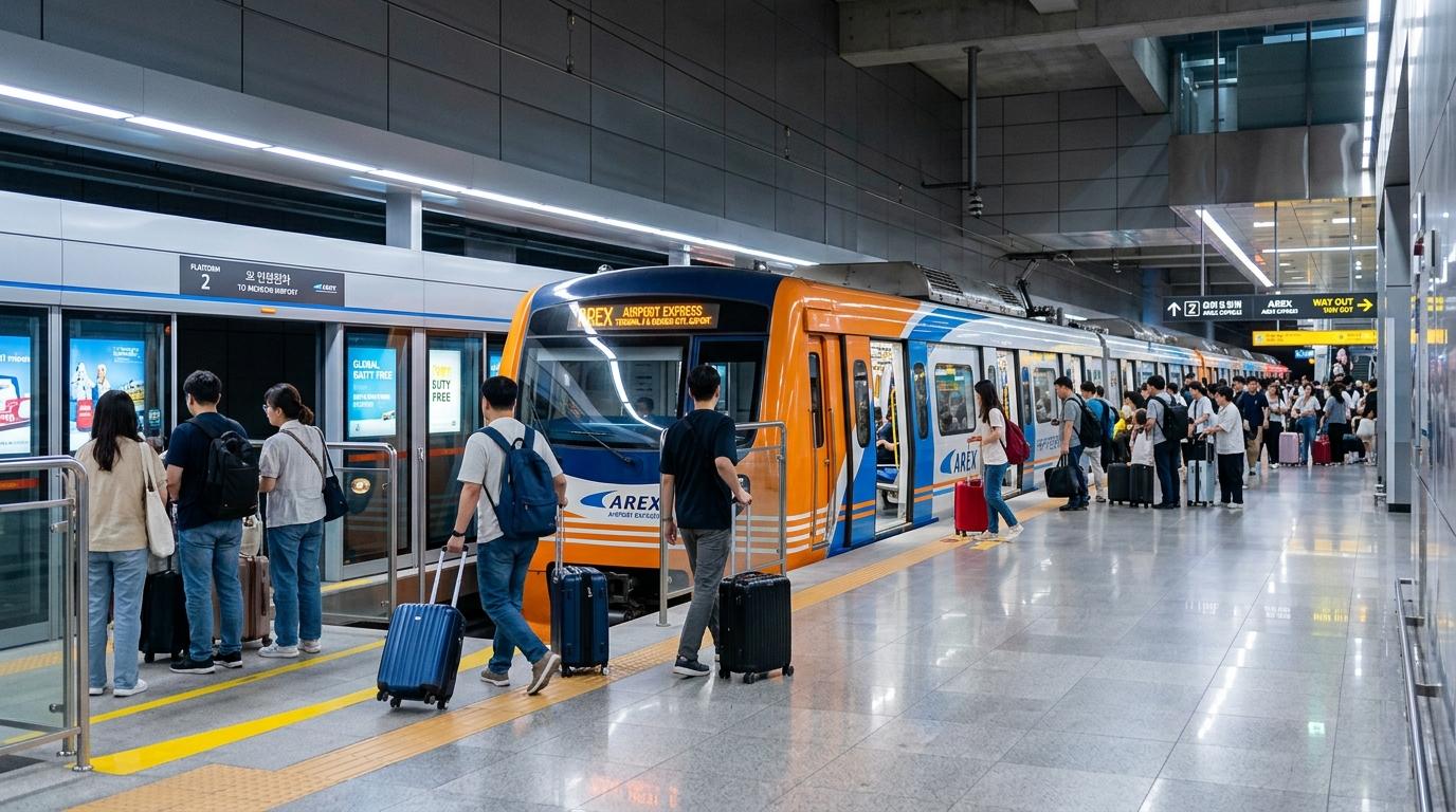 Bright vibrant photorealistic AREX Express train at an airport underground platform, orange accents, travelers with suitcases, clean modern lighting, no Korean