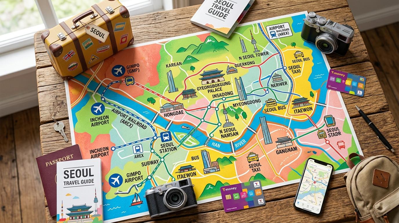 Bright vibrant photorealistic Seoul city map concept with airport train bus taxi icons, suitcases and travel essentials on a table, colorful editorial style, no
