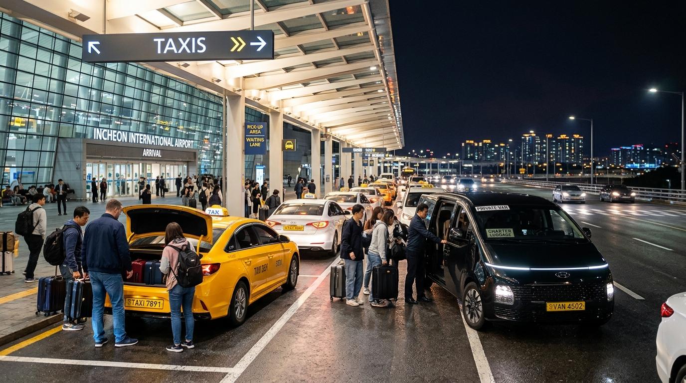 Bright vibrant photorealistic Incheon Airport taxi stand with standard taxis and a private van, travelers loading luggage, night city glow, no Korean text