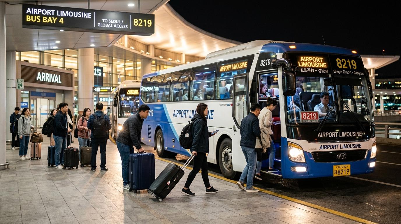 Bright vibrant photorealistic late-night Incheon Airport bus bay, illuminated coach bus, travelers with suitcases under soft terminal lights, no Korean text