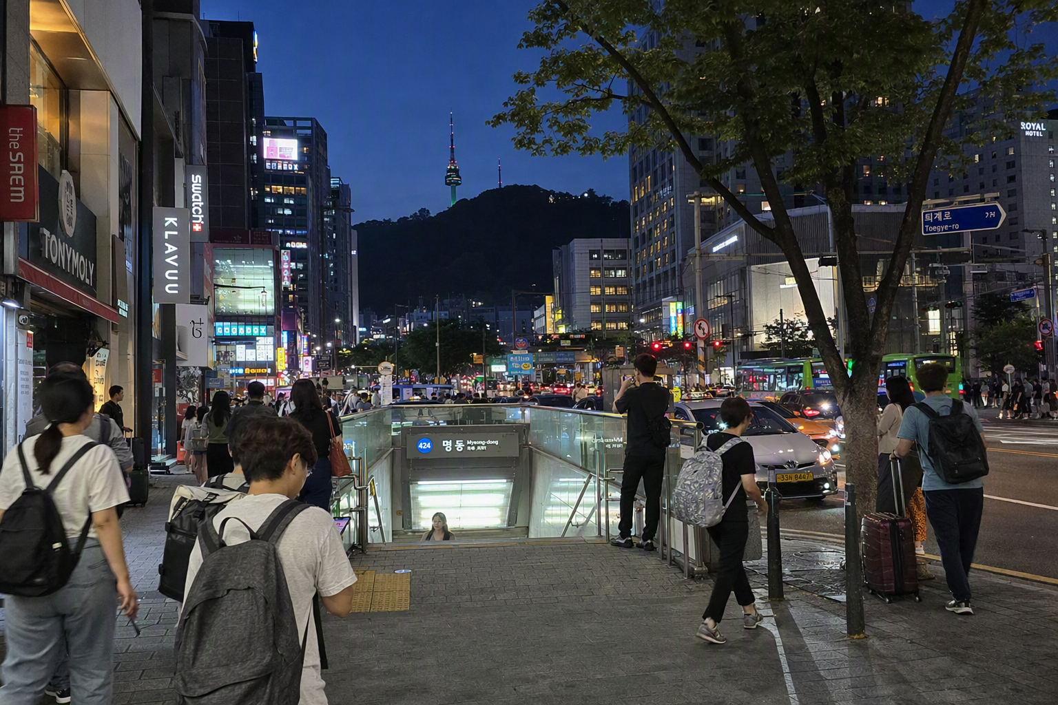 Bright vibrant photorealistic Seoul skyline at dusk with modern hotels, subway entrances, shopping streets, and travelers with luggage, no Korean text