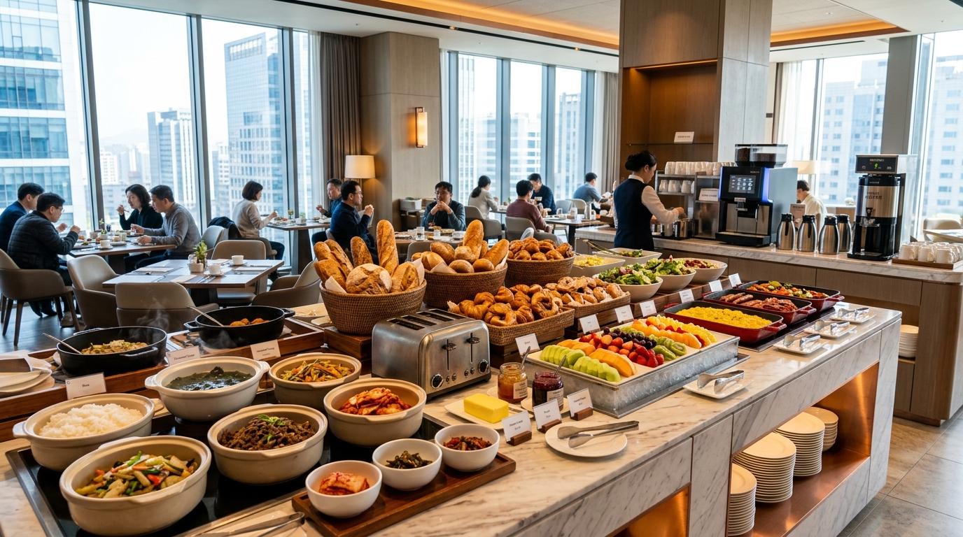 Bright vibrant photorealistic hotel breakfast buffet in Korea with rice, soup, bread, fruit, coffee, modern dining room, no Korean text