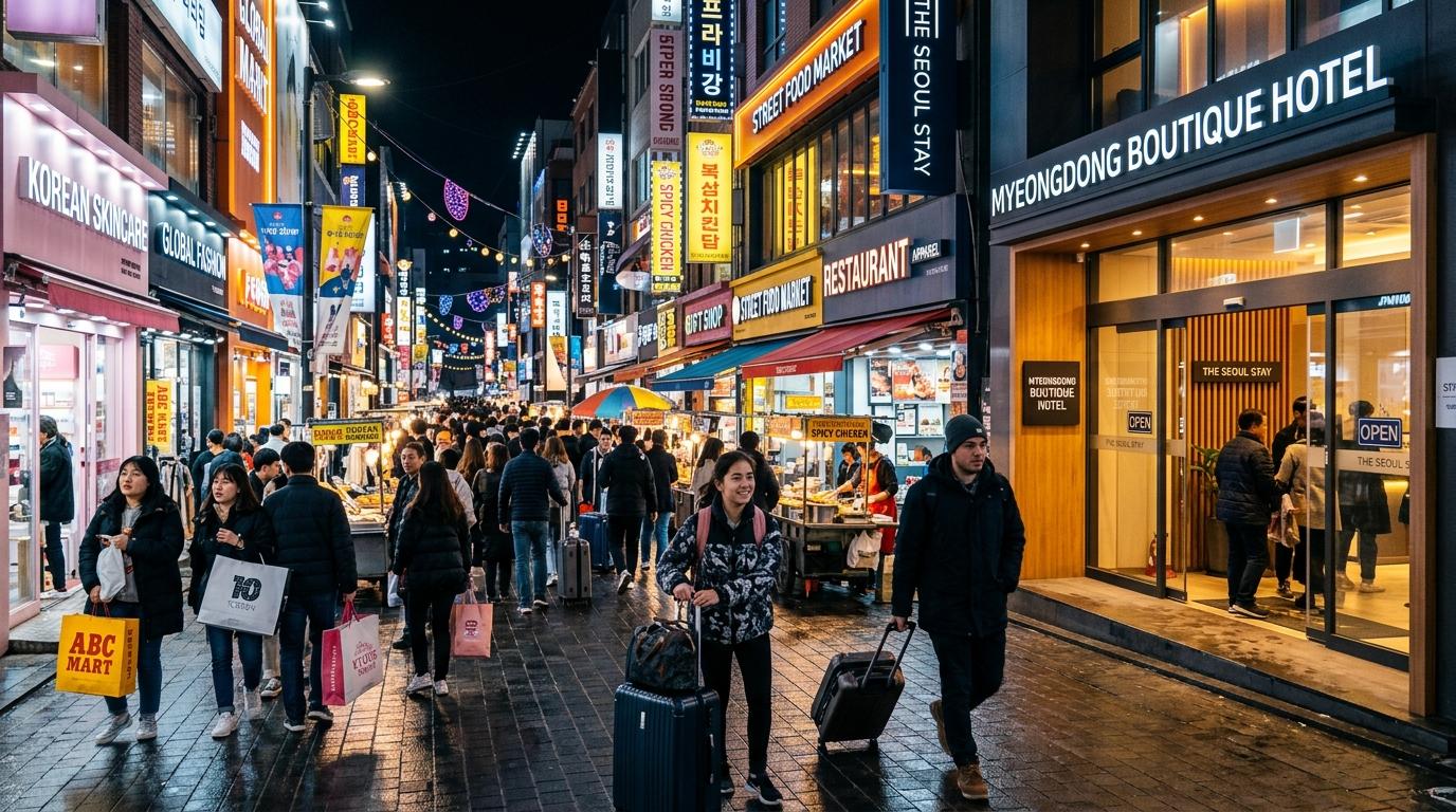 Bright vibrant photorealistic Myeongdong shopping street near a stylish midrange hotel entrance, colorful storefront lights, travelers rolling suitcases, no Kor