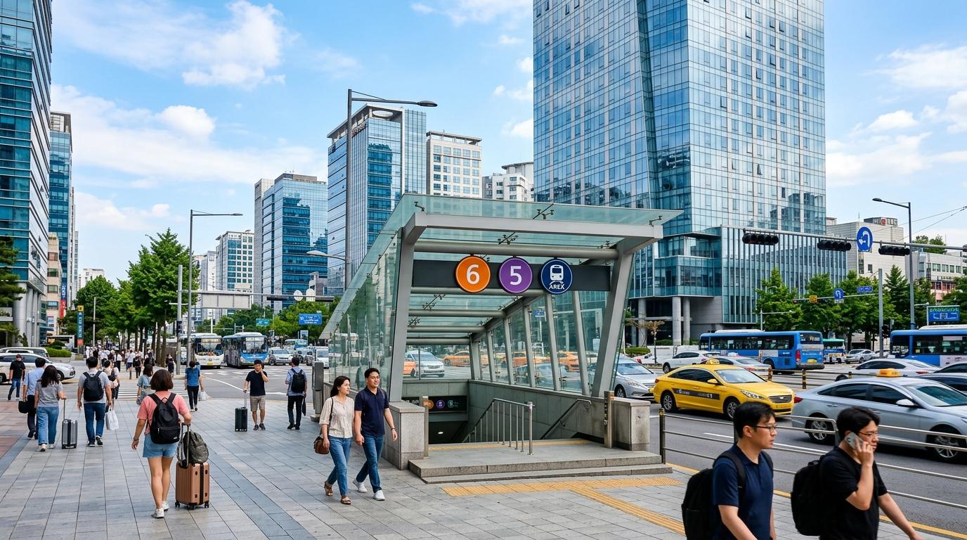 Bright vibrant photorealistic Gongdeok and Mapo hotel district with modern glass hotel, subway exit, airport train symbols without text, travelers with luggage,