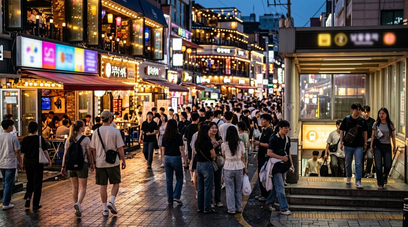 Bright vibrant photorealistic Hongdae evening street with cafes, small hotels, subway entrance, young travelers, lively lights but no readable signage, no Korea
