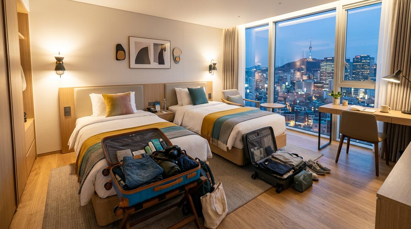 Bright vibrant photorealistic cozy Seoul hotel room with open suitcases, twin beds, city view, clean modern interior, no Korean text
