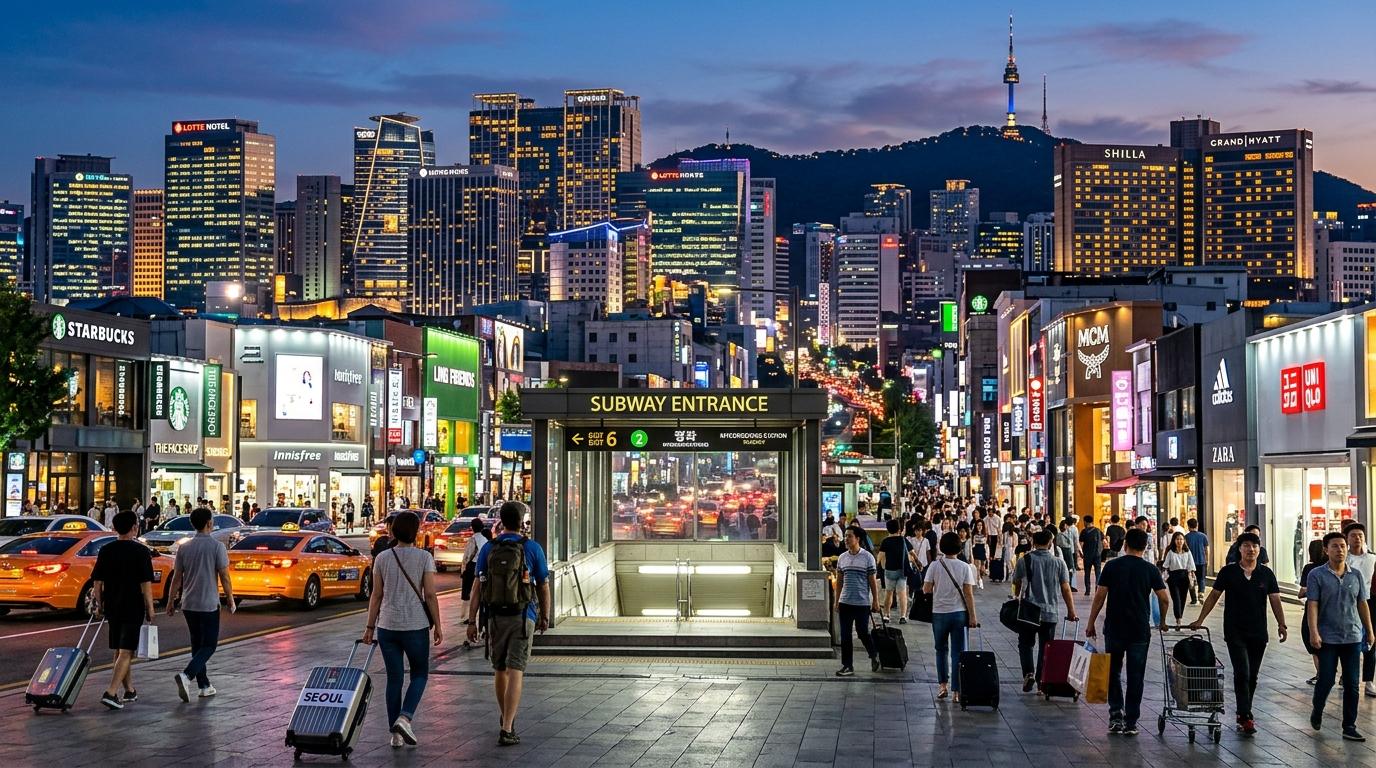 Bright vibrant photorealistic Seoul skyline at dusk with modern hotels, subway entrances, shopping streets, and travelers with luggage, no Korean text