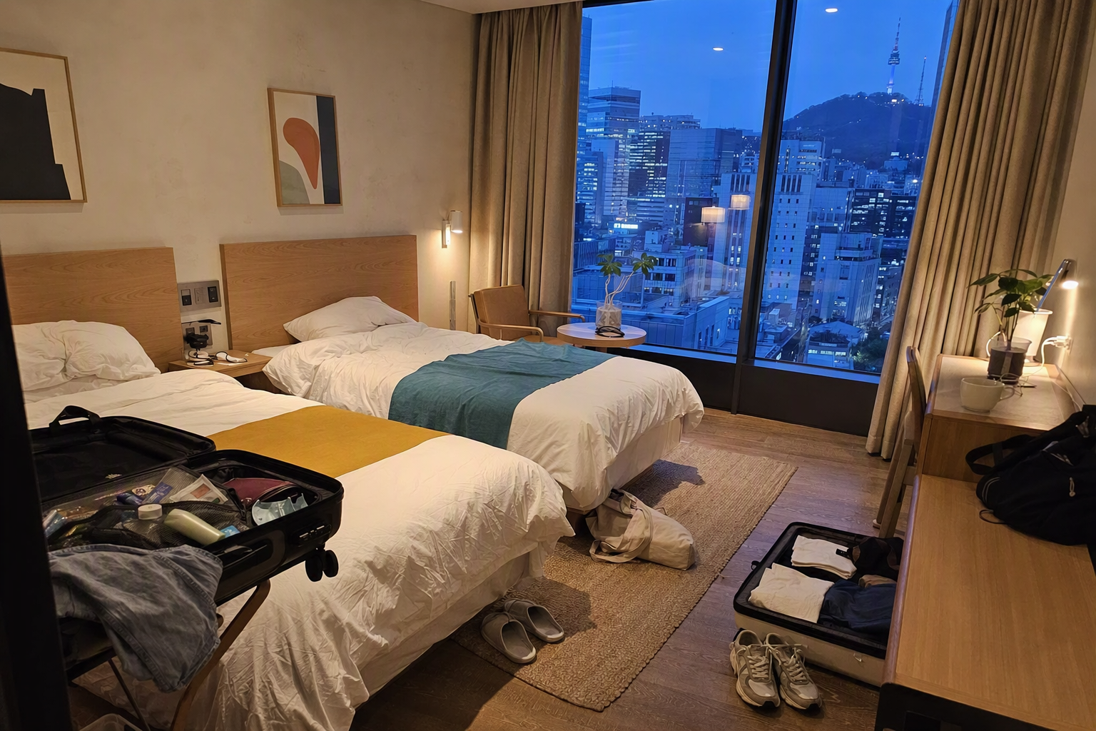 Bright vibrant photorealistic cozy Seoul hotel room with open suitcases, twin beds, city view, clean modern interior, no Korean text