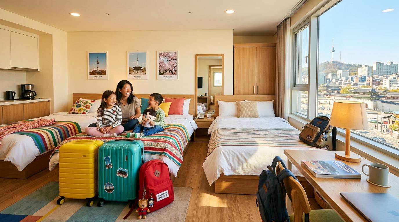Bright vibrant photorealistic family hotel room near Seoul attractions with multiple beds, colorful luggage, warm sunlight, no Korean text