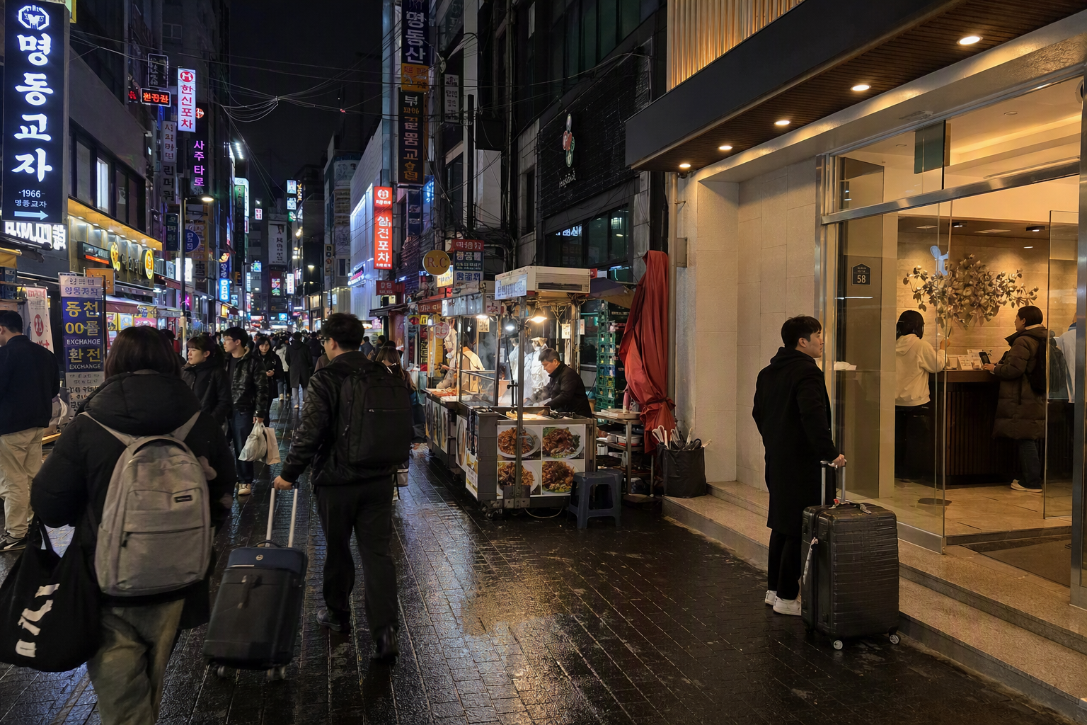 Bright vibrant photorealistic Myeongdong shopping street near a stylish midrange hotel entrance, colorful storefront lights, travelers rolling suitcases, no Kor