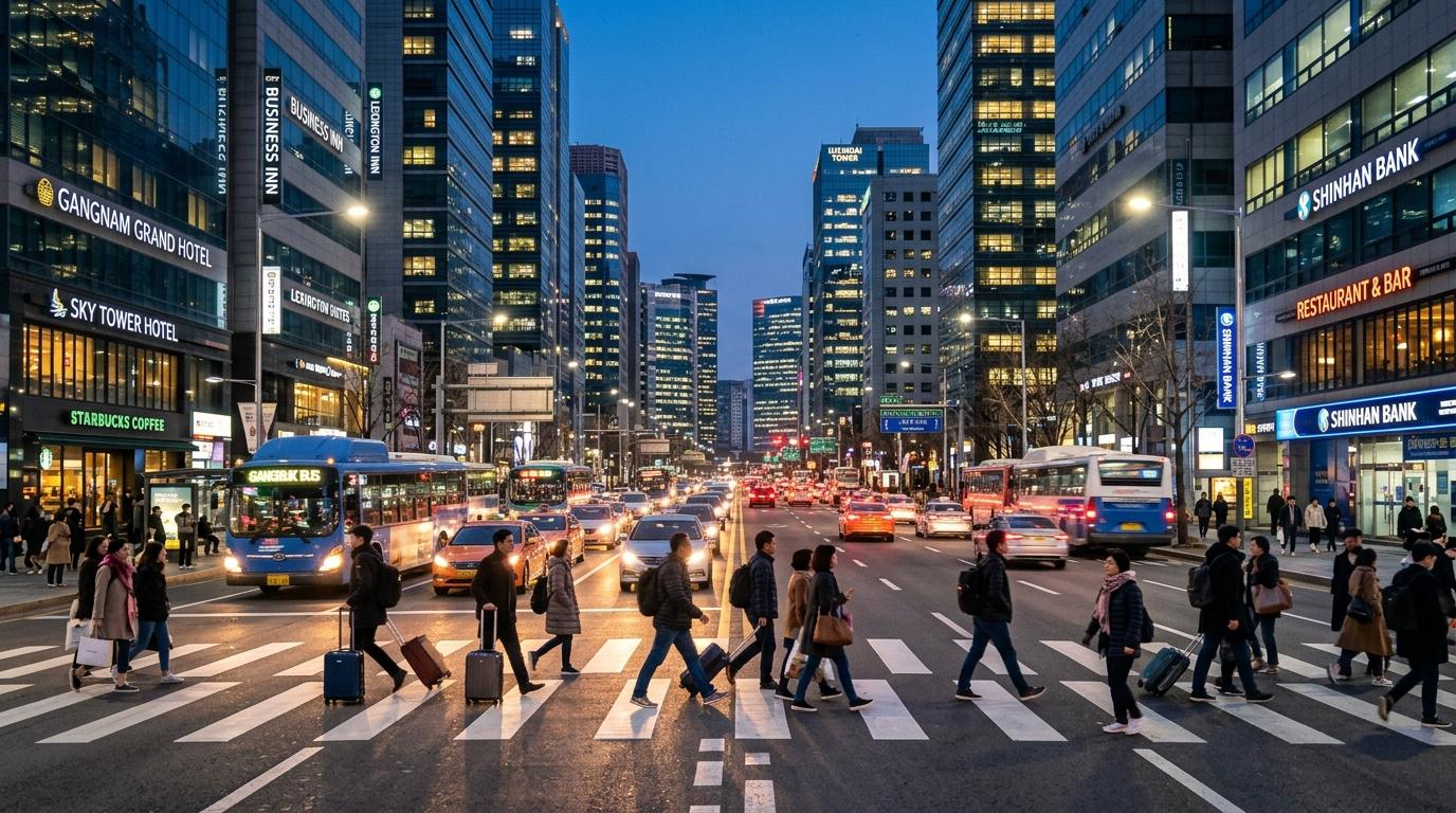 Bright vibrant photorealistic Gangnam boulevard with business hotels, buses, glass towers, evening lights, travelers crossing street, no Korean text