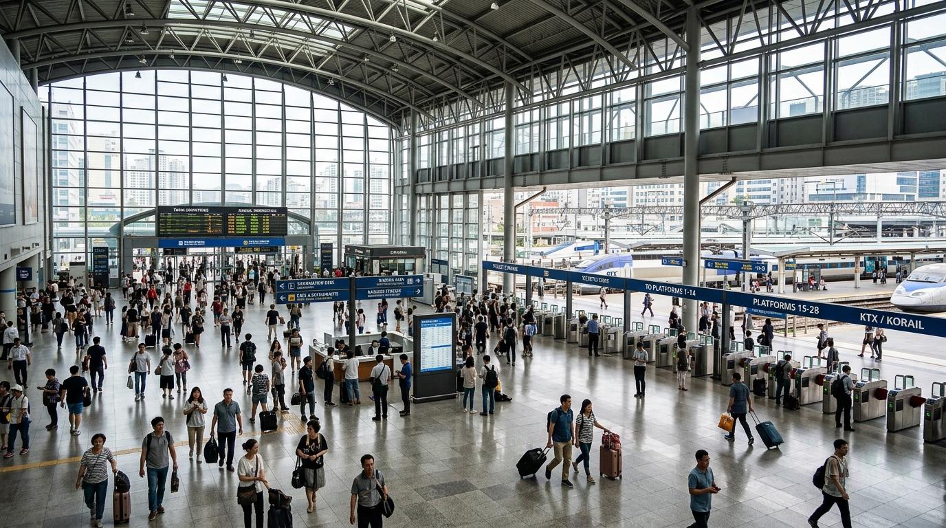 Vibrant photorealistic wide interior of Seoul Station concourse with travelers, luggage, bright natural light, train platforms in background, no Korean text vis