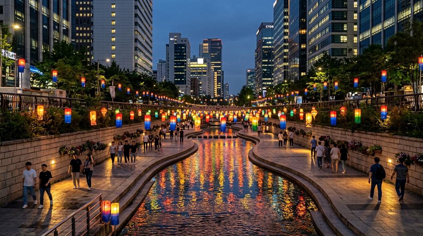Vibrant photorealistic evening scene of Cheonggyecheon Stream with lantern reflections, pedestrians on stone paths, modern Seoul buildings, no Korean text visib