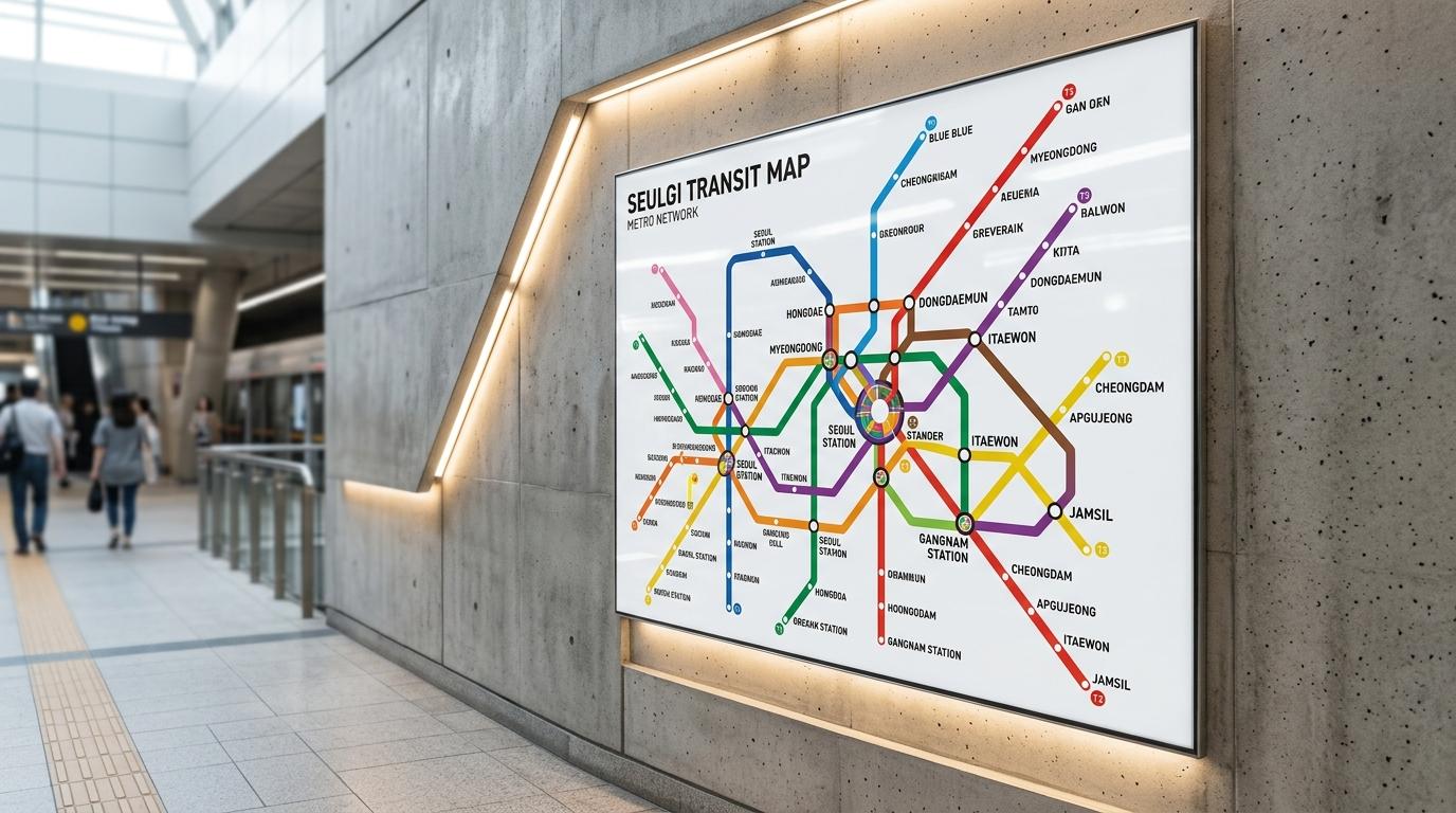 Bright photorealistic close-up of a redesigned octolinear metro map with colorful angled lines and simple transfer symbols, modern station wall, no Korean text