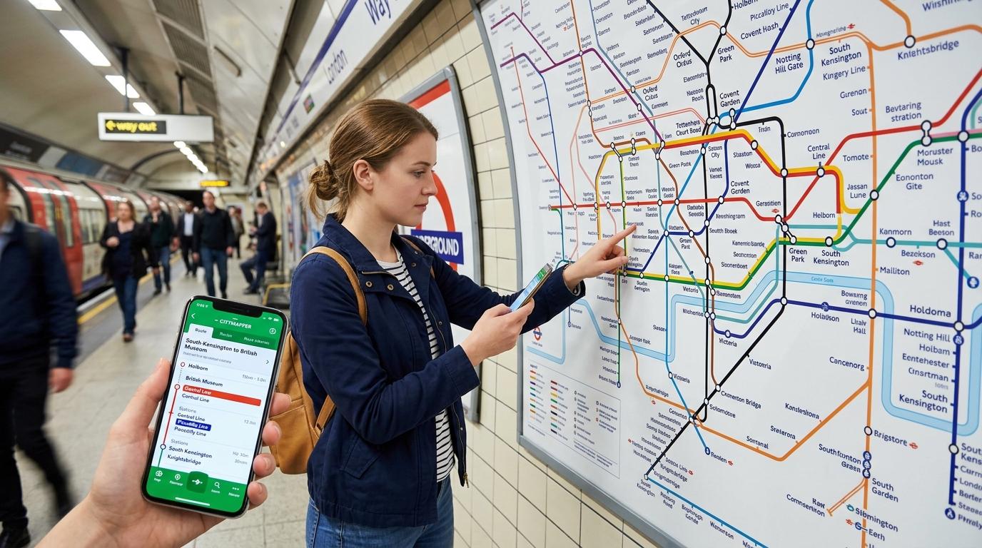 Bright photorealistic image of a traveler comparing a digital metro route planner on a phone with a large colorful subway wall map, no Korean text visible