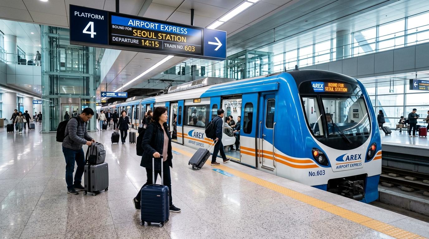 Bright photorealistic AREX airport train at a modern platform with travelers rolling suitcases, clean signage without readable Korean text, vibrant lighting
