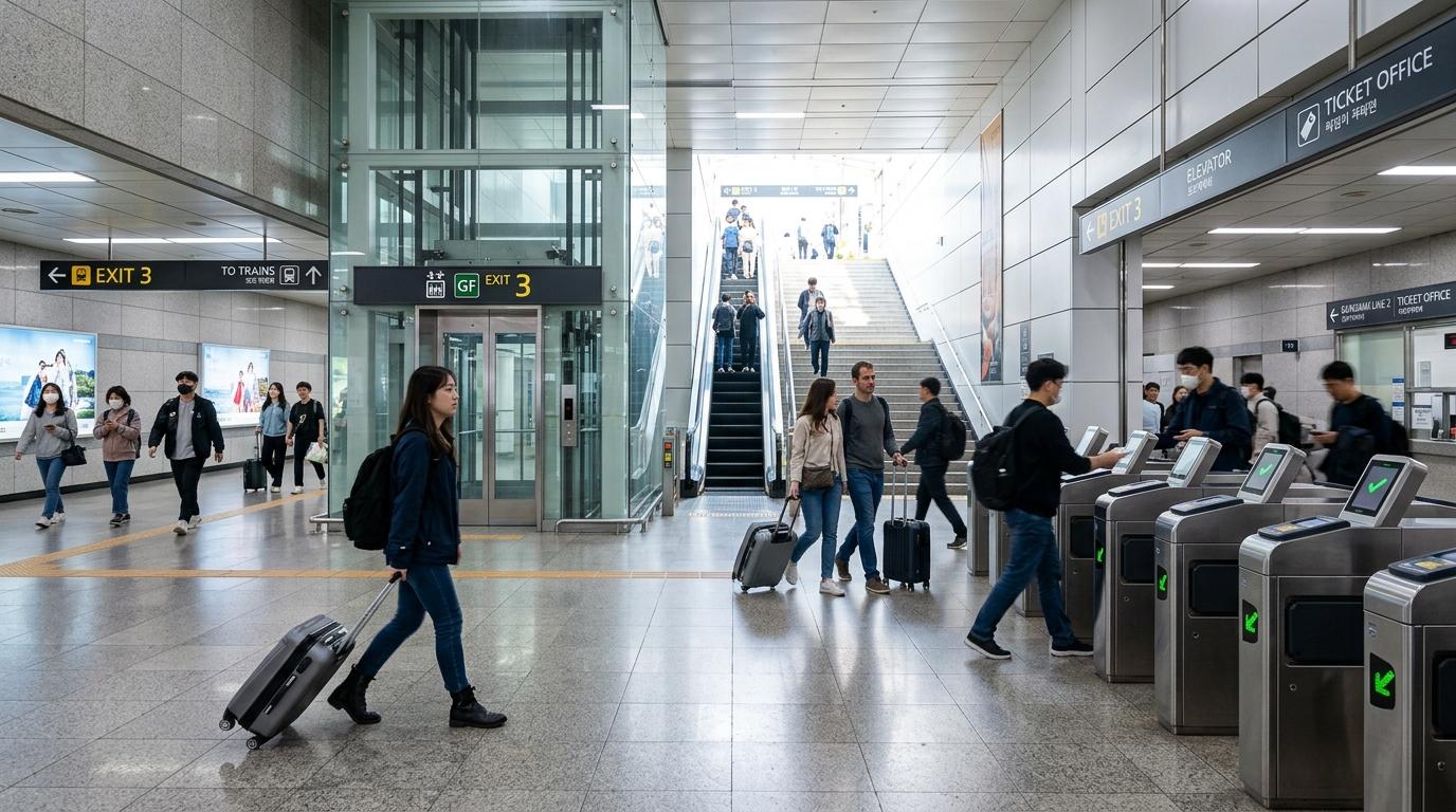 Vibrant photorealistic image of a clean Seoul metro station exit area with elevators, escalators, ticket gates, and travelers with luggage, no Korean text visib