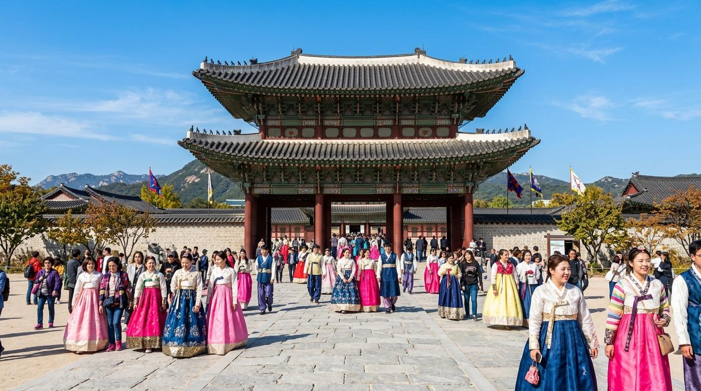 Bright photorealistic view of Gyeongbokgung Palace gate with visitors walking in colorful hanbok, clear blue sky, no Korean text visible