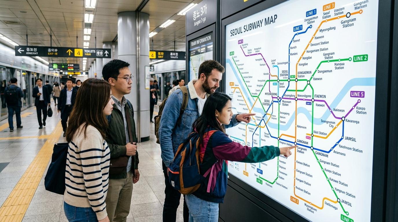 Bright vibrant photorealistic view of travelers looking at a clean English Seoul subway map inside a modern metro station, color-coded lines, no Korean text vis