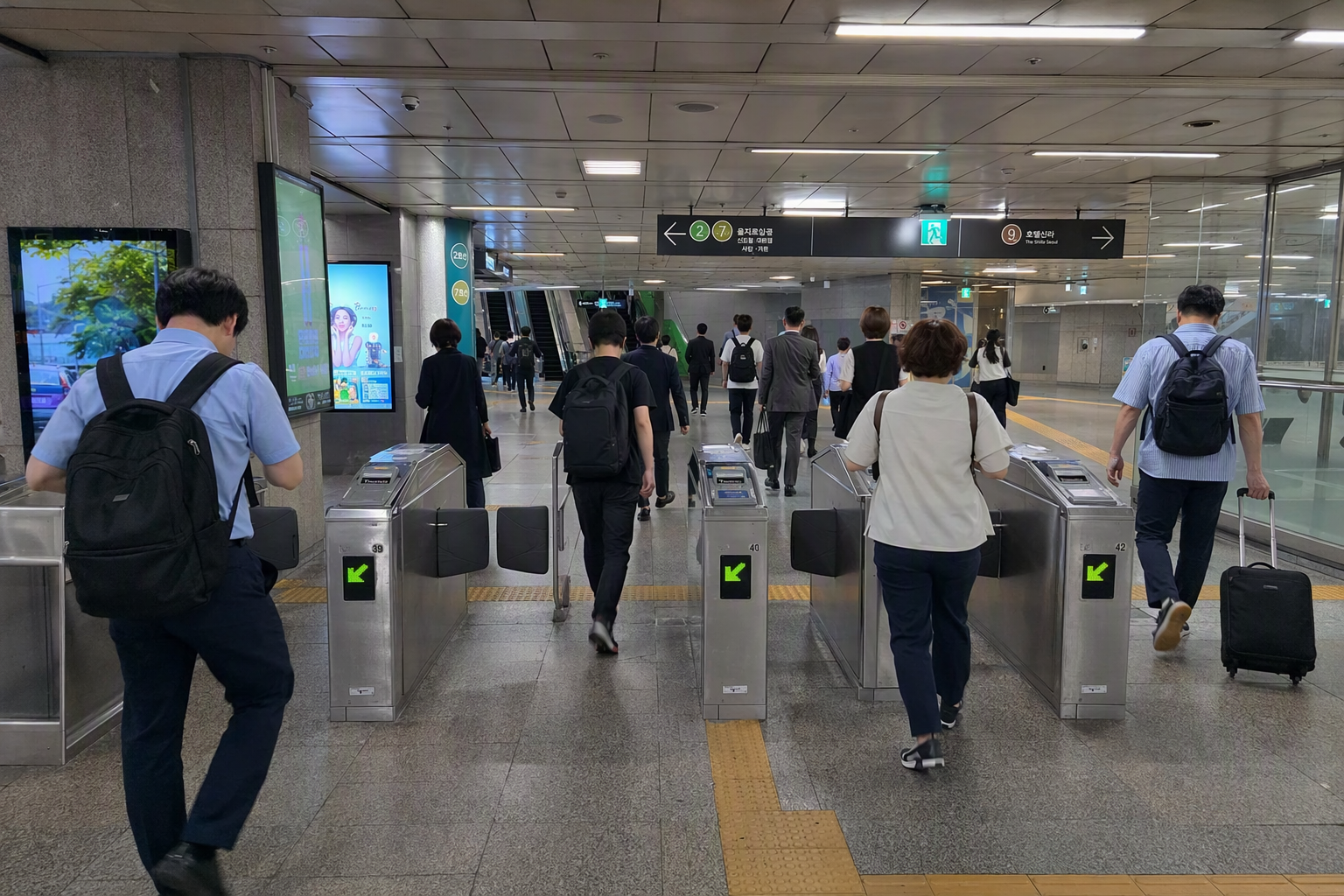 Bright vibrant photorealistic Seoul subway gate area with travelers passing smoothly, colorful route accents, clean urban design, no readable text, no Korean te