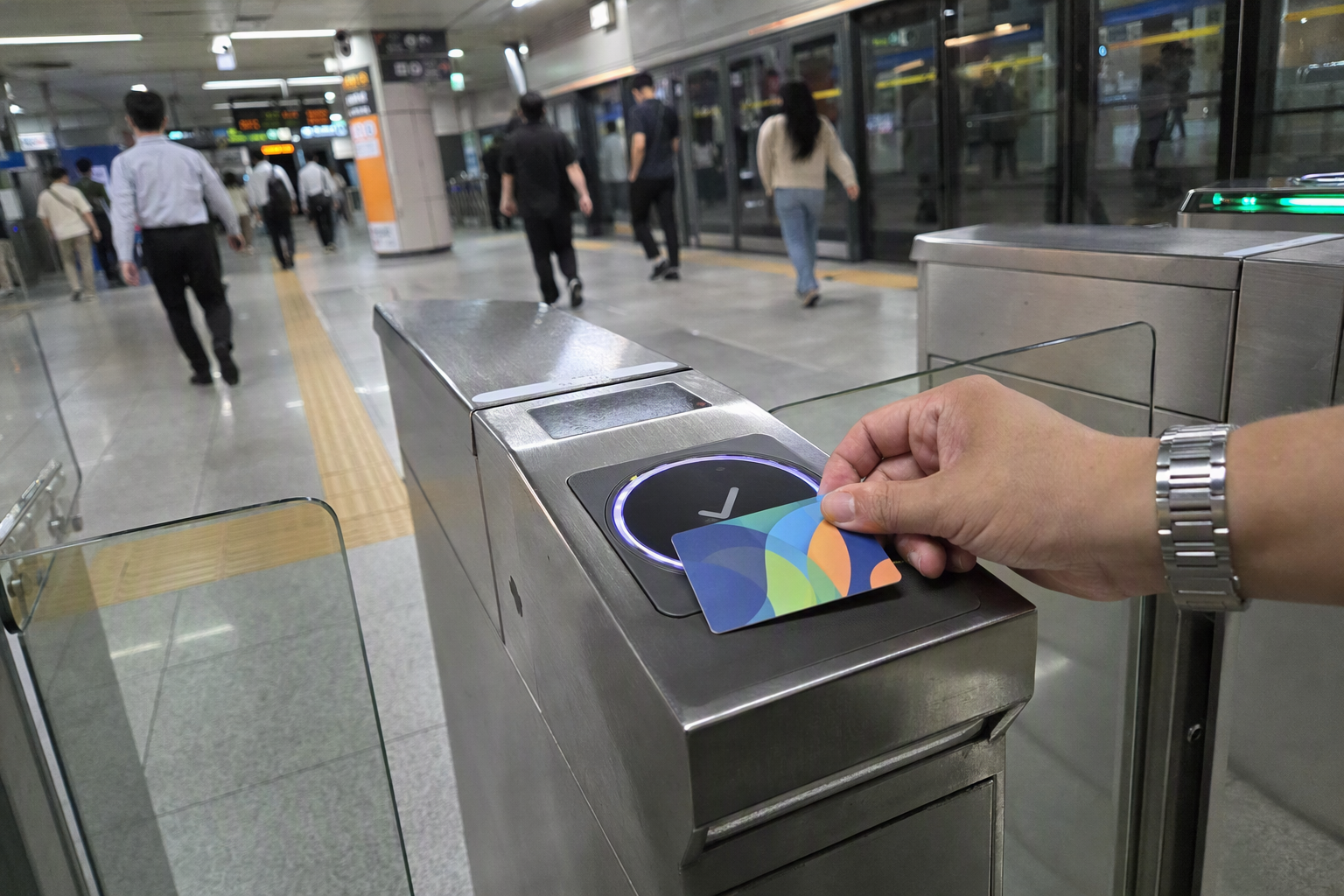 Bright vibrant photorealistic close-up of a transit card tapping at a modern Seoul subway gate, colorful lights, clean station interior, no readable text, no Ko