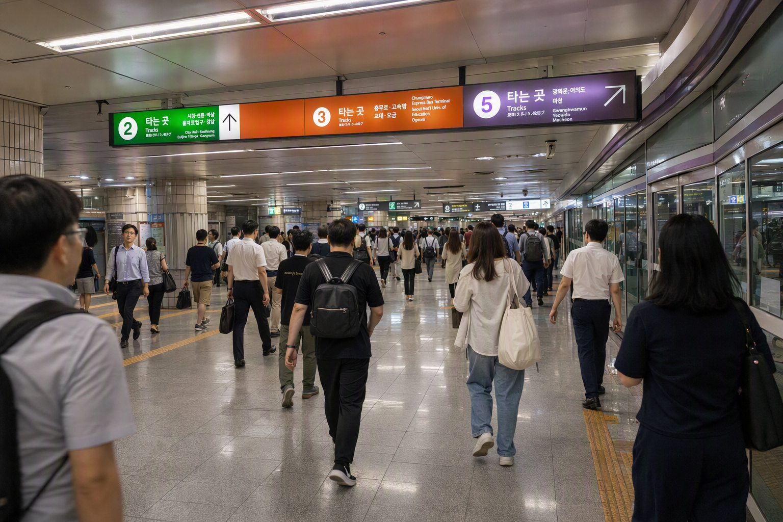 Bright vibrant photorealistic wide transfer corridor in a Seoul subway station, colorful overhead signs with no readable text, polished floors, moving travelers