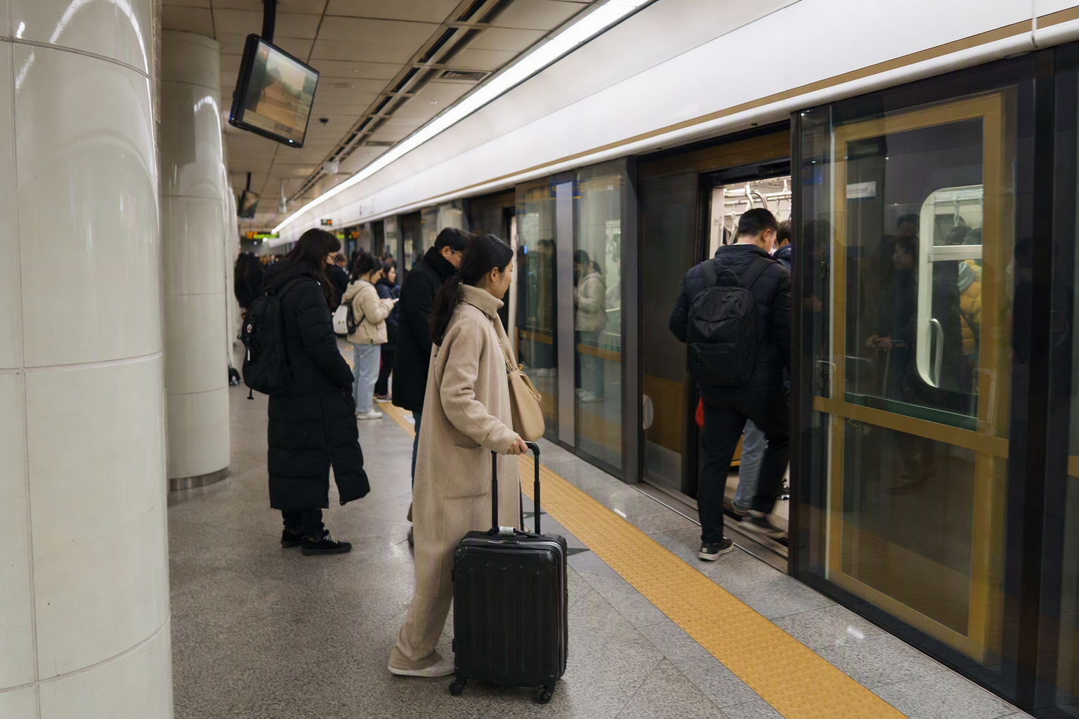 Bright vibrant photorealistic gold-accent subway train at a modern Seoul station, clear platform edge doors, travelers with luggage, dynamic city travel feeling