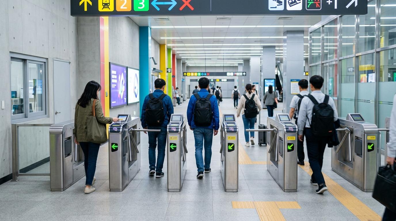 明亮鮮明、寫實風格嘅首爾地鐵閘口區域，旅客順暢通過，帶有多彩路線點綴，乾淨嘅城市設計，畫面無可讀文字，亦無韓文文字