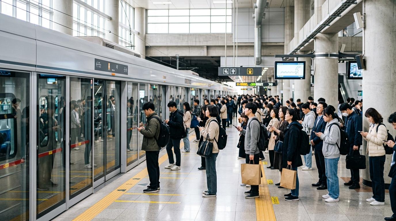 日間繁忙嘅首爾地鐵月台，光線明亮色彩鮮明、寫實風格，乘客有秩序、設有月台幕門，車站乾淨現代，氣氛有活力但仍然舒適
