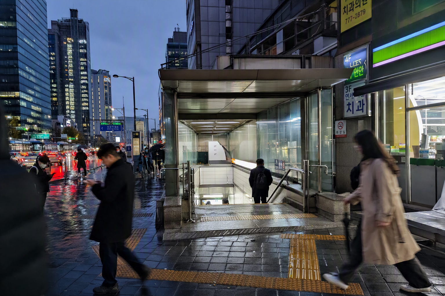Bright vibrant photorealistic Seoul evening cityscape with a modern subway entrance glowing softly, travelers walking nearby, colorful lights, lively but calm m