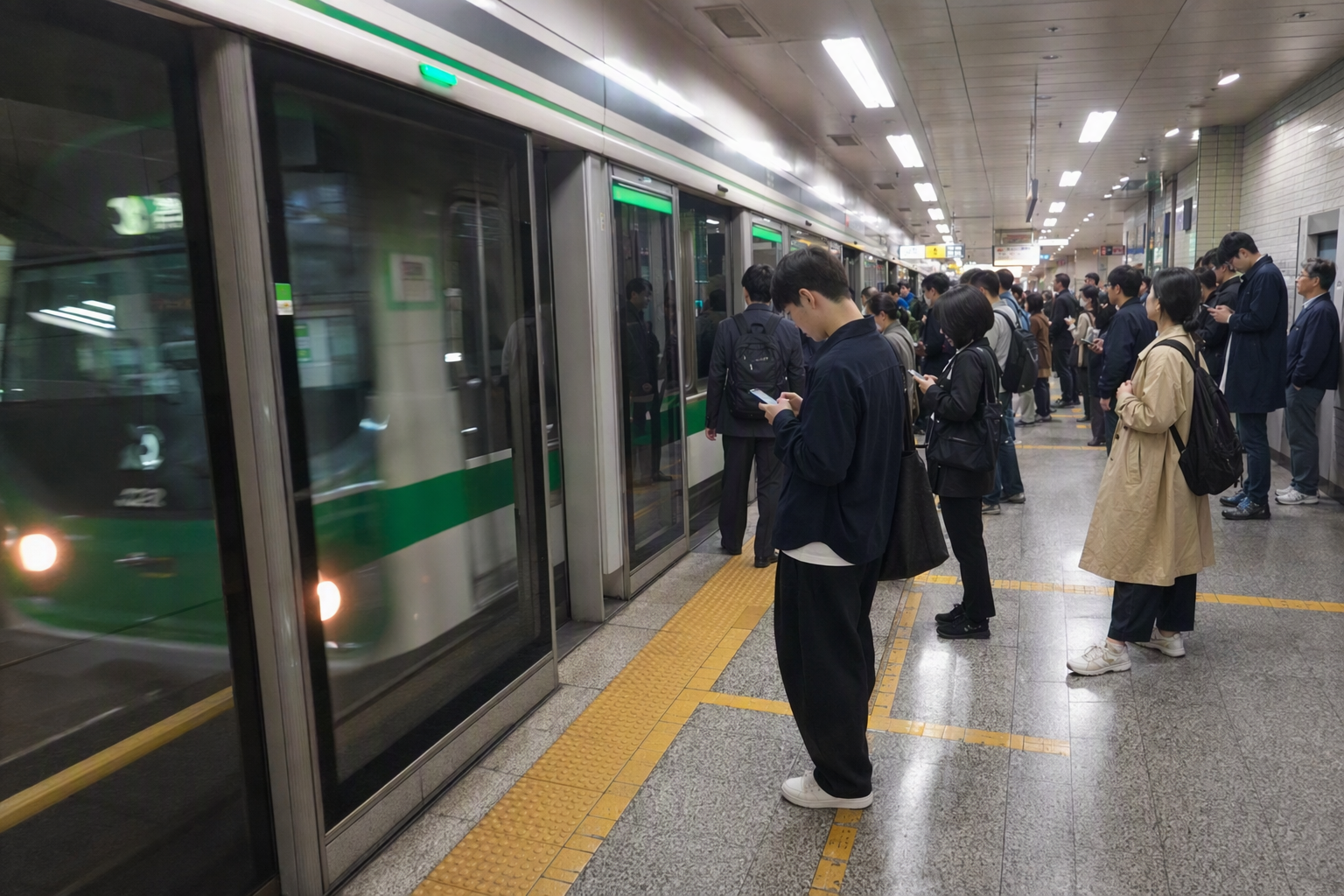 Bright vibrant photorealistic green Seoul subway train arriving at a clean platform with platform screen doors, passengers waiting calmly, colorful lighting, no