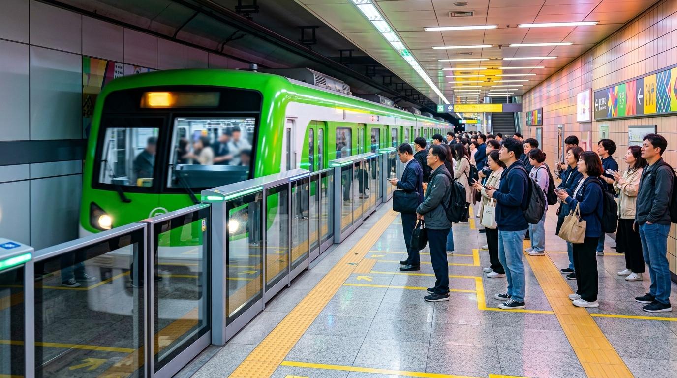 色彩鮮明、寫實感強嘅綠色首爾地鐵列車駛入乾淨月台，設有月台幕門，乘客平靜等候，燈光繽紛