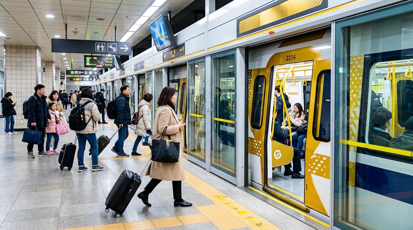 色彩鮮明、寫實感強嘅金色點綴地鐵列車停靠喺現代化首爾車站，清晰嘅月台邊緣幕門，旅客拖住行李，充滿城市移動感