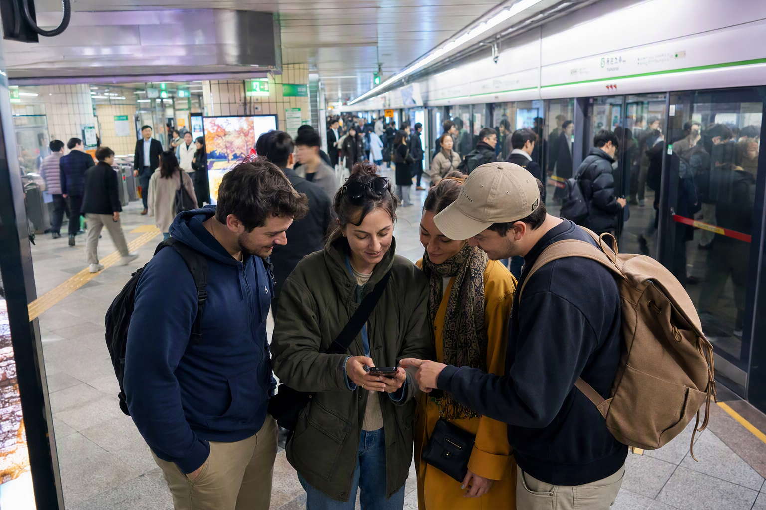Bright vibrant photorealistic scene of international travelers checking a phone route map inside a Seoul subway station, colorful abstract map with no readable