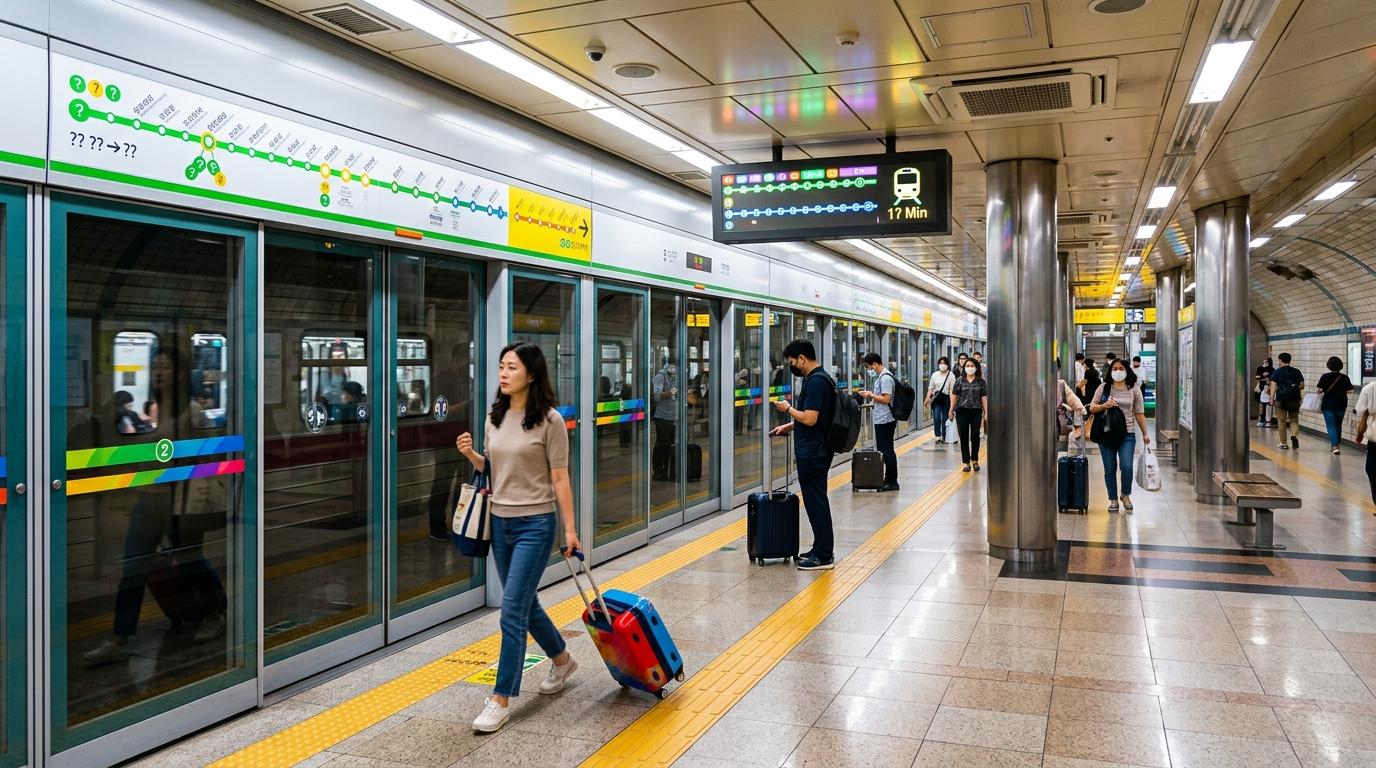 明亮又充滿活力嘅寫實首爾地鐵月台，有月台幕門、彩色路線指示牌（冇可辨識文字）、拖住細行李箱嘅旅客，環境乾淨整潔