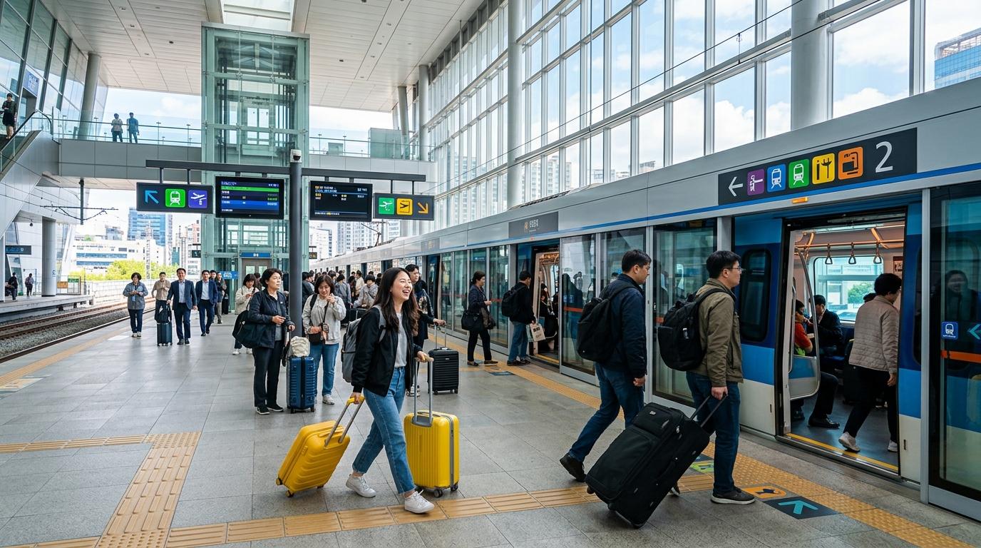 首爾機場鐵路轉乘場景，畫面明亮鮮明寫實，有旅客拖住行李箱、流線型月台同色彩豐富但無清晰文字嘅指示系統