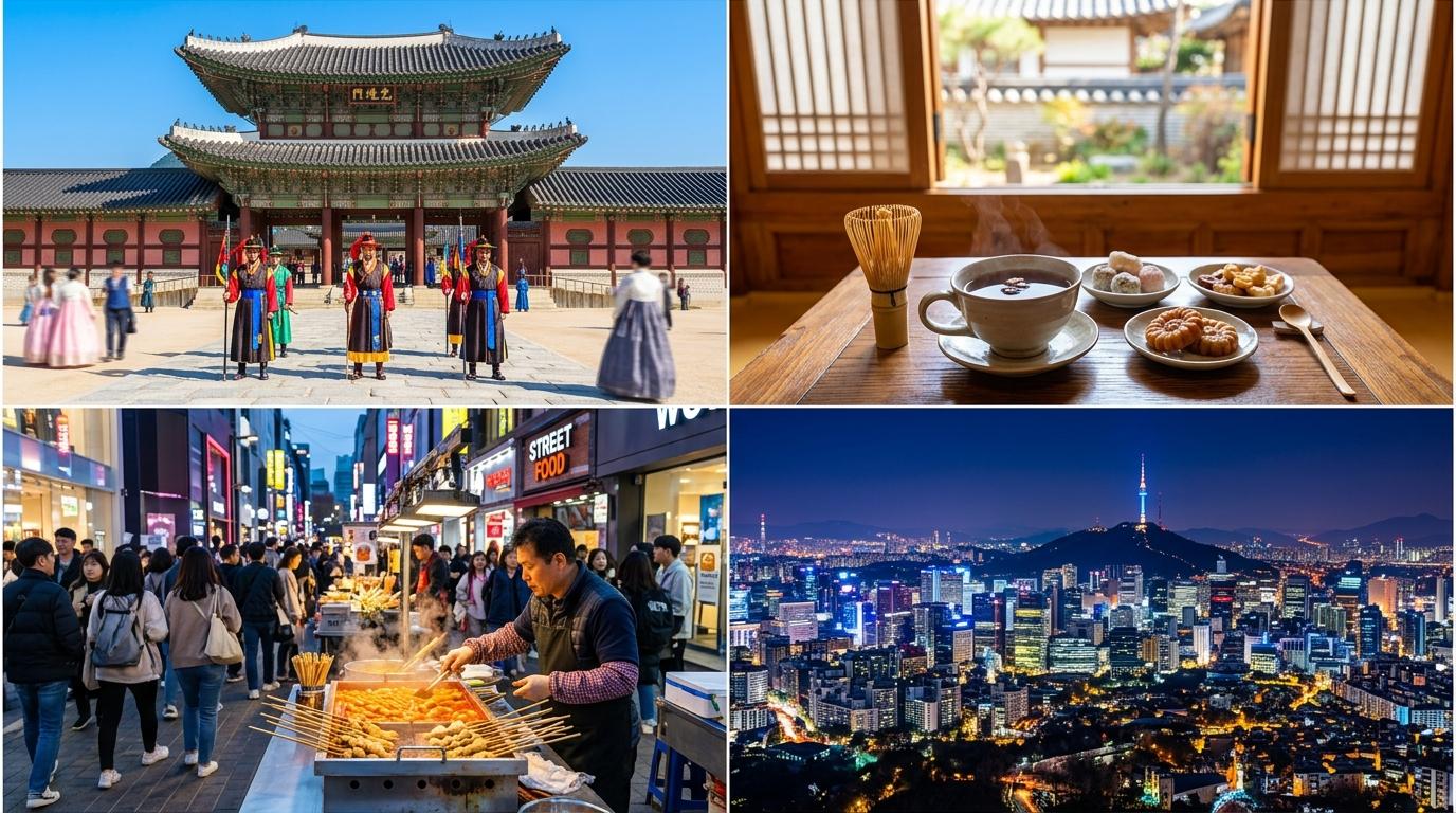 Bright vibrant photorealistic travel day collage of Seoul palace morning, traditional tea, Myeongdong evening food, Namsan night view, no Korean text