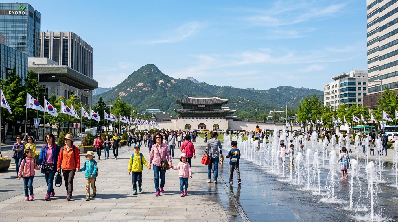 Bright vibrant photorealistic wide view of Gwanghwamun Square with palace gate, mountain behind, fountains, families walking, modern city buildings, no Korean t
