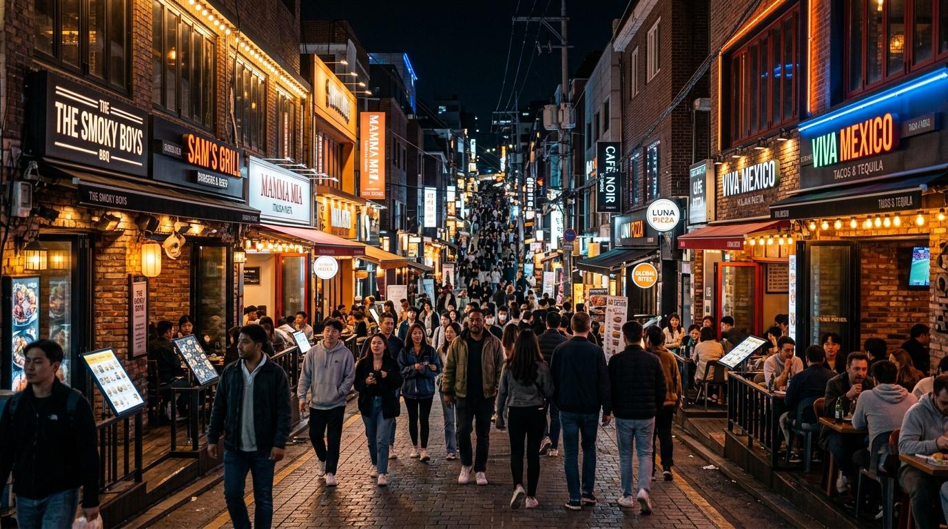 Bright vibrant photorealistic Itaewon street at night, international restaurants, warm lights, diverse pedestrians, sloping road, no Korean text
