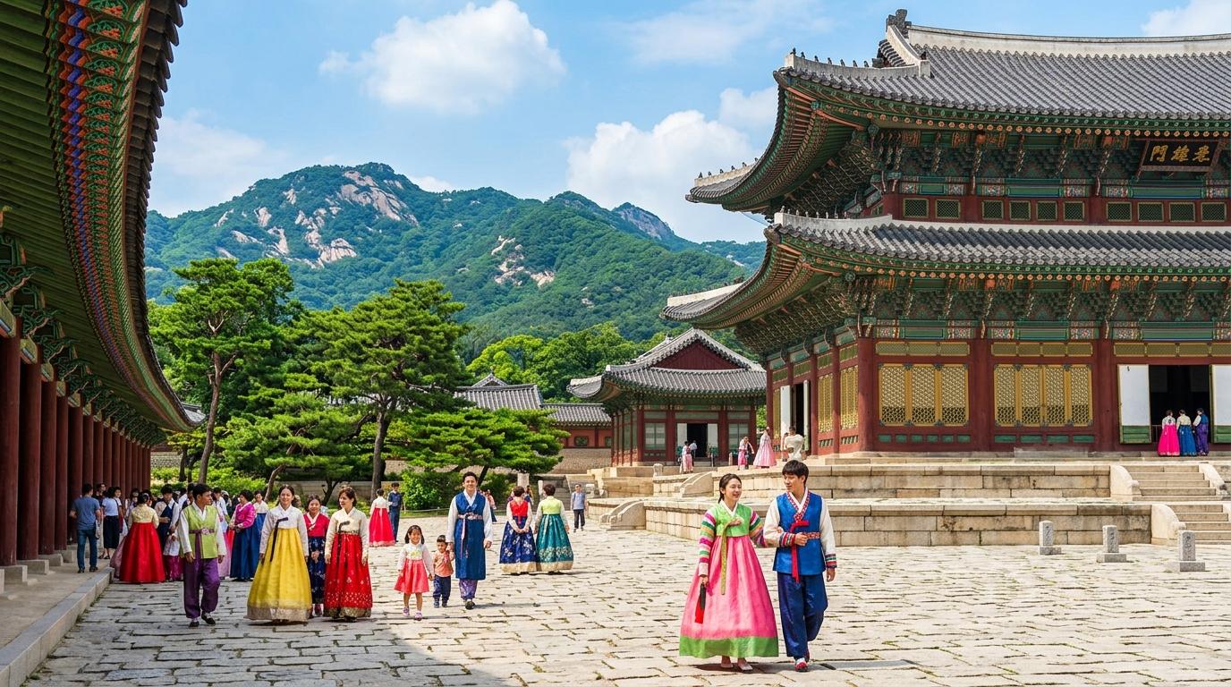 Bright vibrant photorealistic palace courtyard in Seoul, colorful wooden architecture, visitors in hanbok, blue sky, mountains in the background, no Korean text