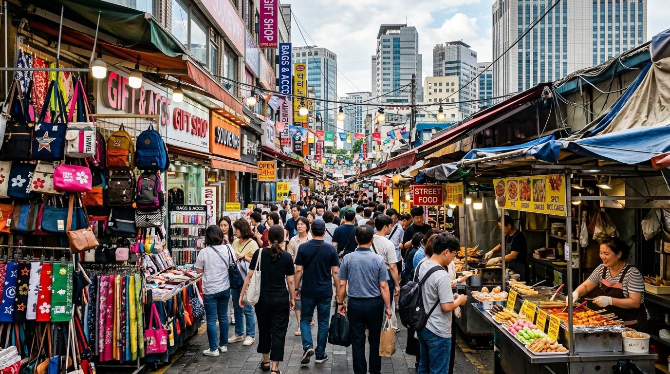 Bright vibrant photorealistic busy Namdaemun Market alley, colorful stalls, shoppers browsing bags and snacks, downtown buildings rising behind, no Korean text