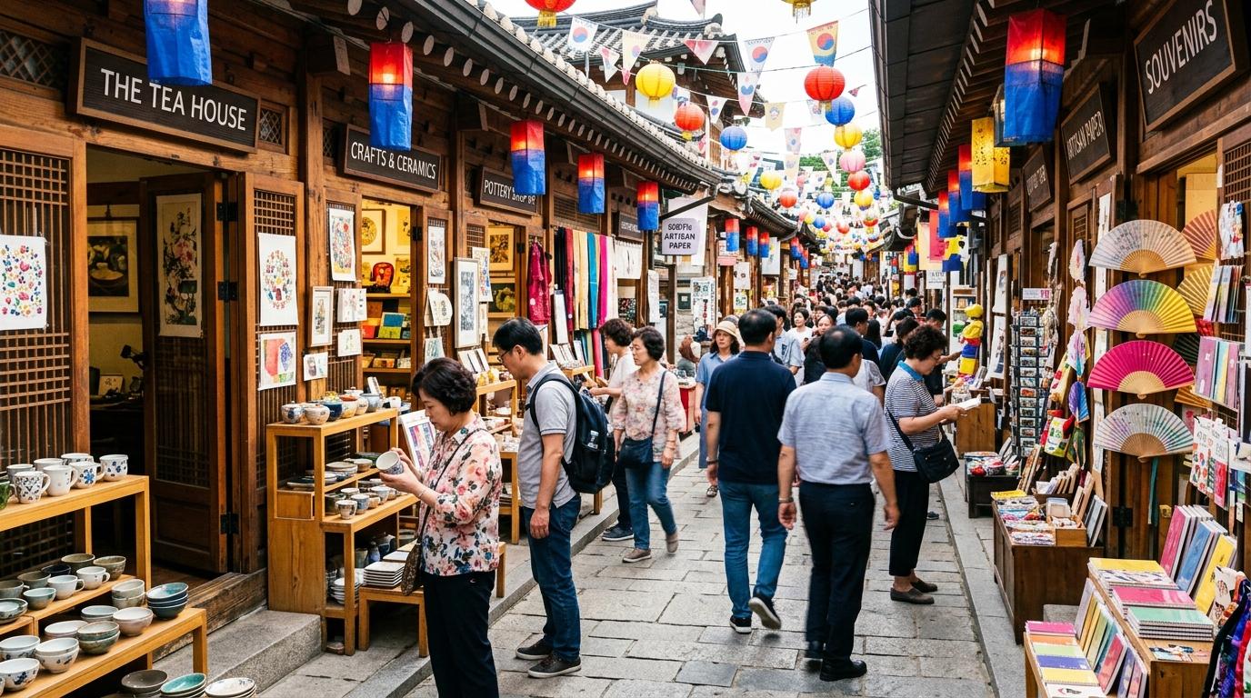 Bright vibrant photorealistic Insadong alley with traditional craft shops, tea house entrance, lanterns, pedestrians browsing ceramics and paper goods, no Korea