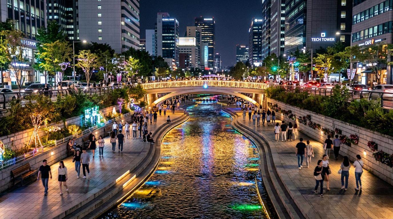 Bright vibrant photorealistic Cheonggyecheon Stream at night, soft reflections, people walking along water, downtown buildings and bridges above, no Korean text