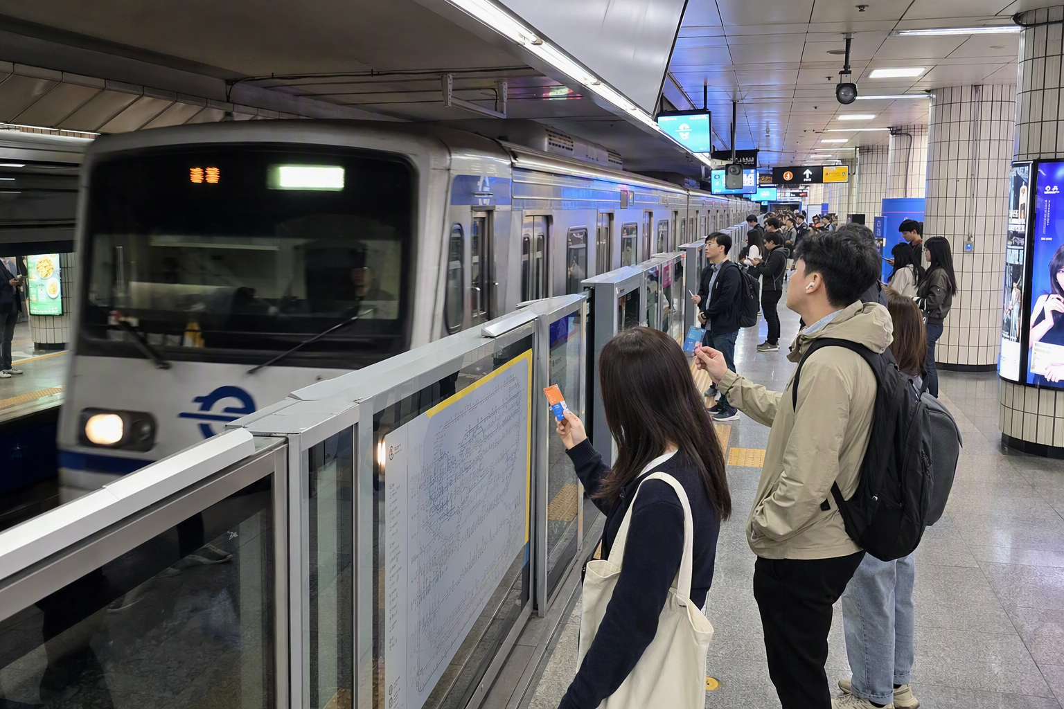明亮有活力、寫實風格的首爾地鐵月臺，現代列車進站，旅客手持交通卡，站內照明乾淨明亮，無韓文文字